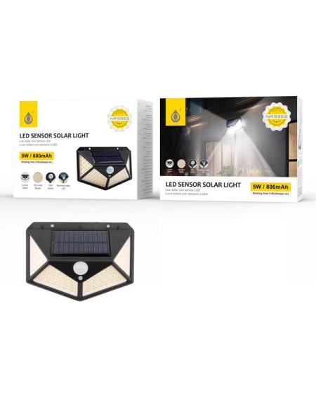 Lampara solar Led 5W NR9362 / 100 luces para exterior / 3-5m / 120º / Negro / 2903622 / One+