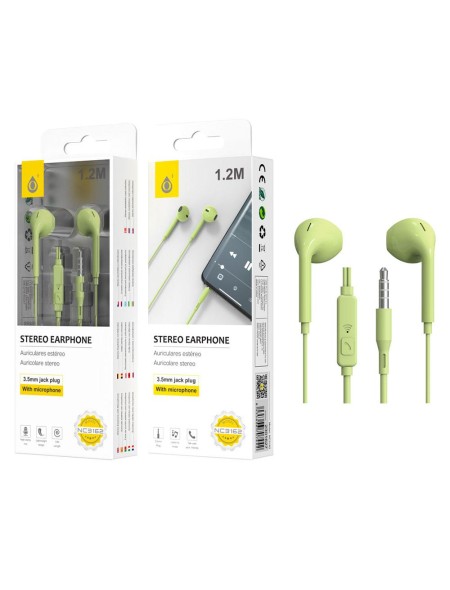 Auriculares con Micro intrauditivos NC3162  Speedy / Sin silicona / Boton control / 1.2m / Verde / One+